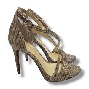 Jessica Simpson Rayli 2 Sandal‎ Womens 7 Gold Ankle Strap High Heel Strappy